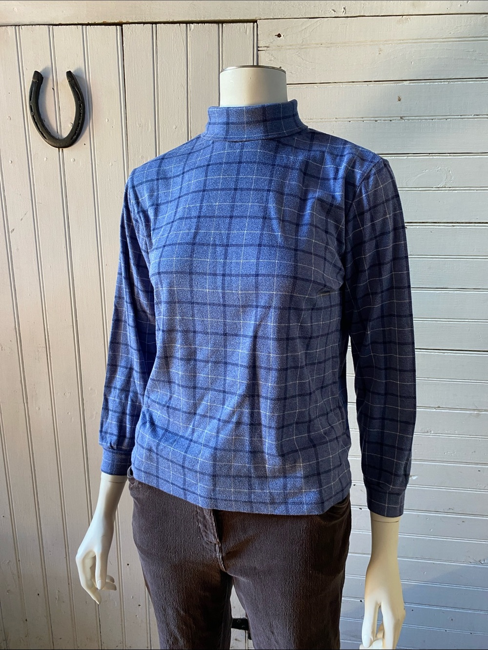 Basic Editions Blue Windowpane Mock Neck Sweater